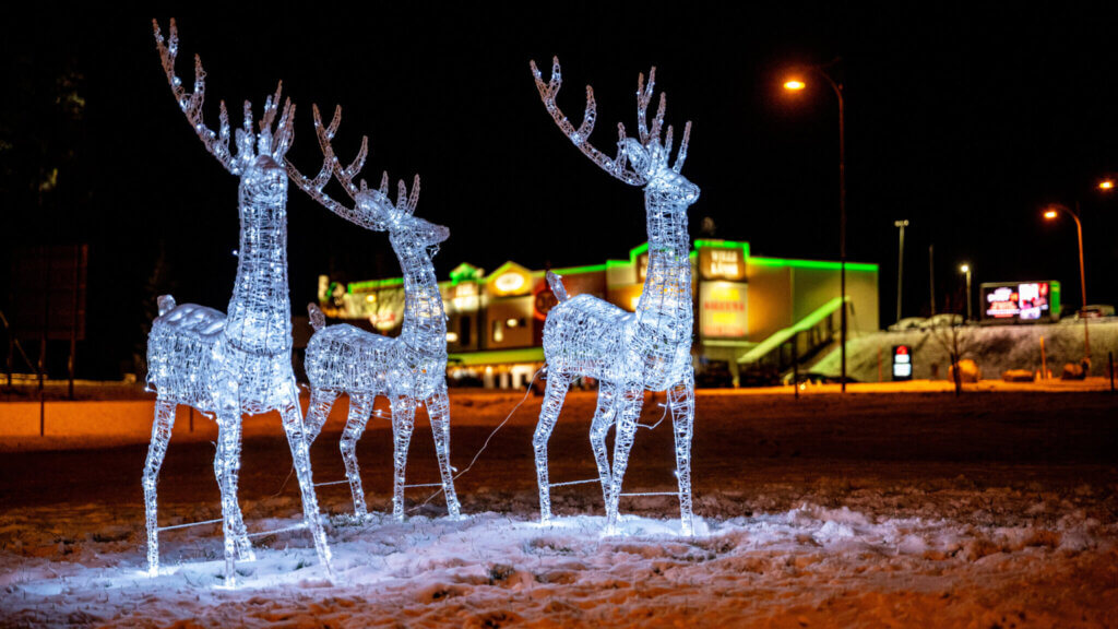Poroja esittävät jouluvalot Himoksella, taustalla Willi Länsi -huvikeskus.