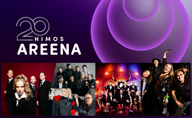 Himos Areena 20 vuotta -kuvituskuva, jossa näkyy syksyn artisteja ja 20-vuotisjuhlalogo.