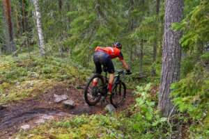 Polulla kulkeva urheilija polkee fatbike-pyörällä metsään.