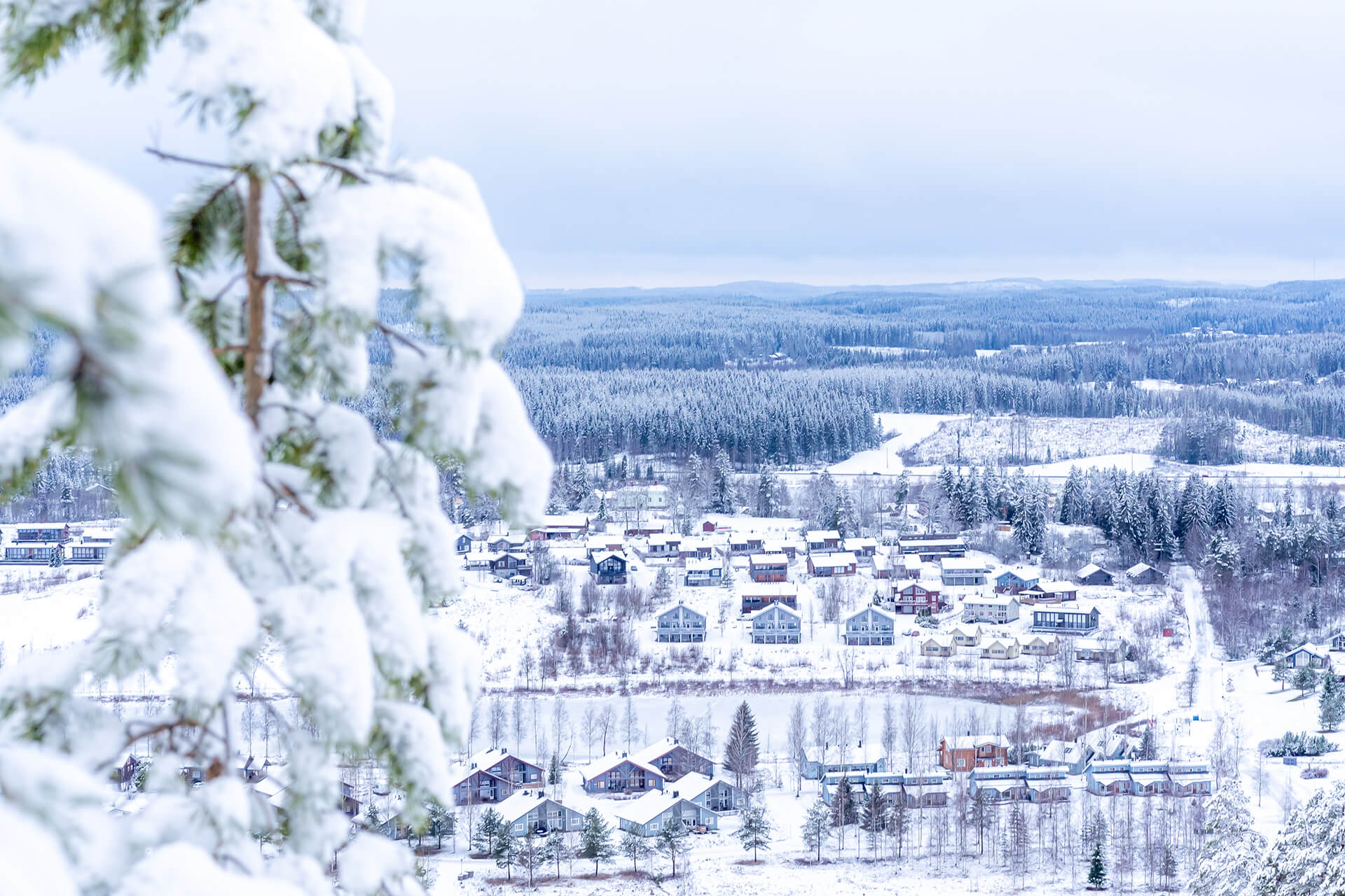 Talvinen tunnelmakuva lumikuorrutteisista puista ja Himoksen mökkikylistä.