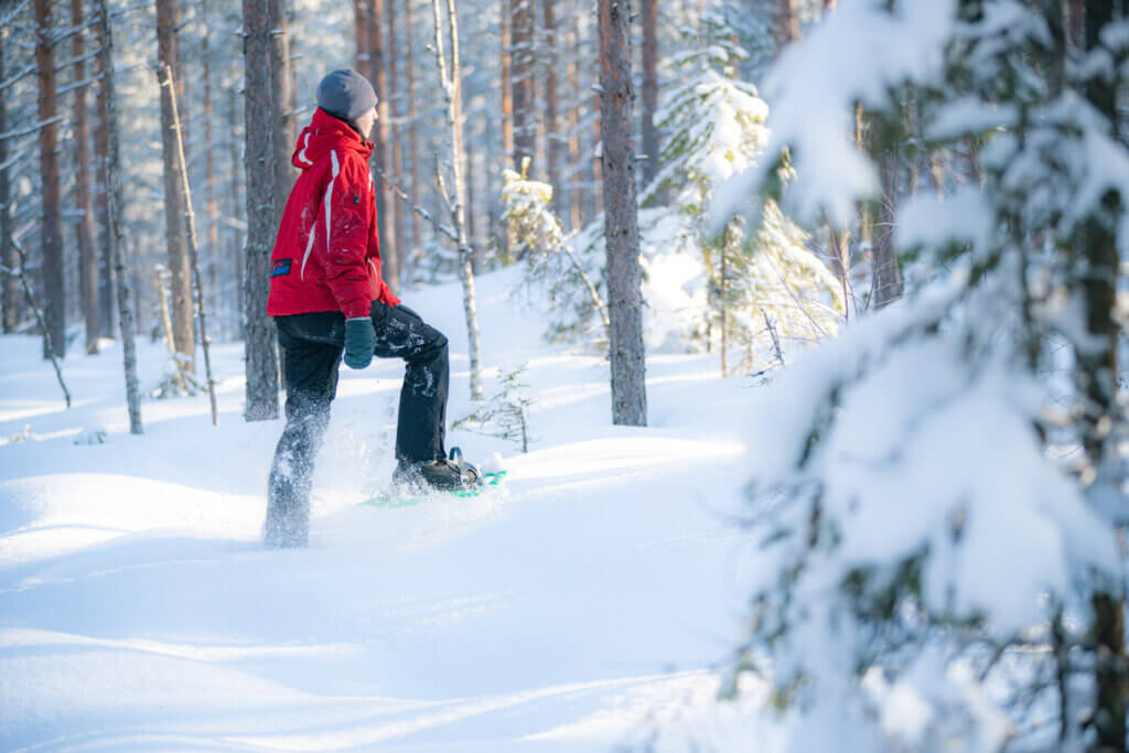 Nainen kävelee talvisessa metsässä lumikengillä.